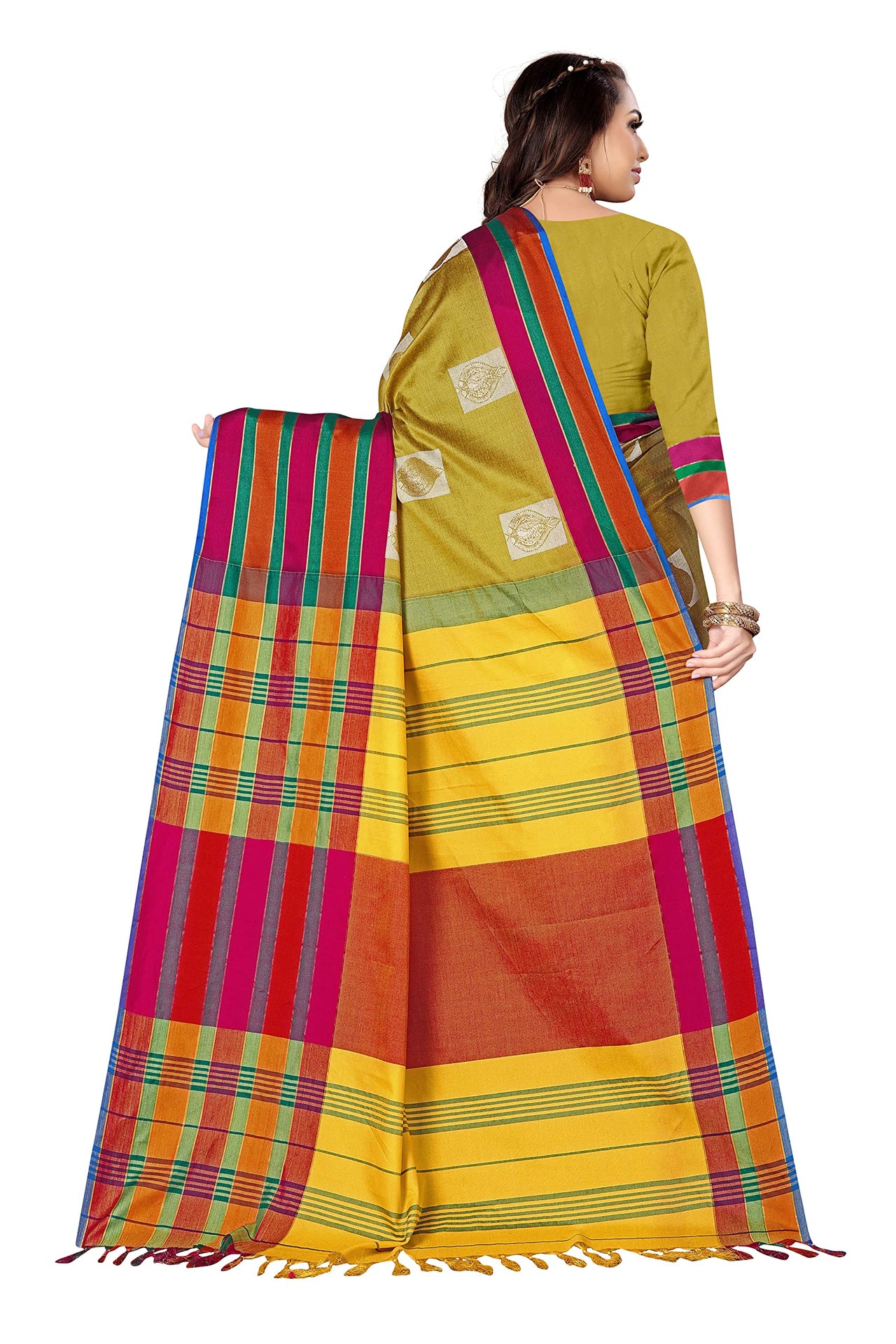 GRECIILOOKS Women's  Art Cotton Silk With Golden Border Printed Soft Silk Saree With Blouse Piece