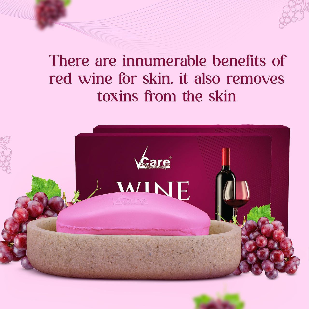 VCare Red Wine Bathing Bar/Soap for Body, Hand, Face 100 gm - Helps to Reduce Fine Lines and Wrinkles for Men and Women (Pack of 10)
