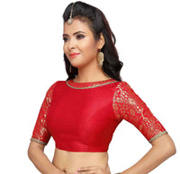 X3 Women's  Brocade And Silk Readymade Saree Blouse With Boat Neck And Elbow Length Sleeves Navy Blue 36