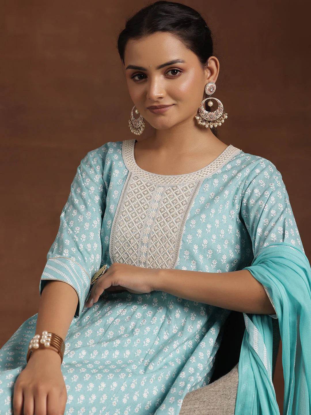 Blue Printed Cotton A-Line Kurta with Churidar & Dupatta