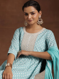 Blue Printed Cotton A-Line Kurta with Churidar & Dupatta