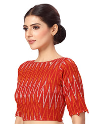 X3 Women's  Red Ikkat Pure Cotton Stitched Saree Blouse with Elbow Length Sleeves