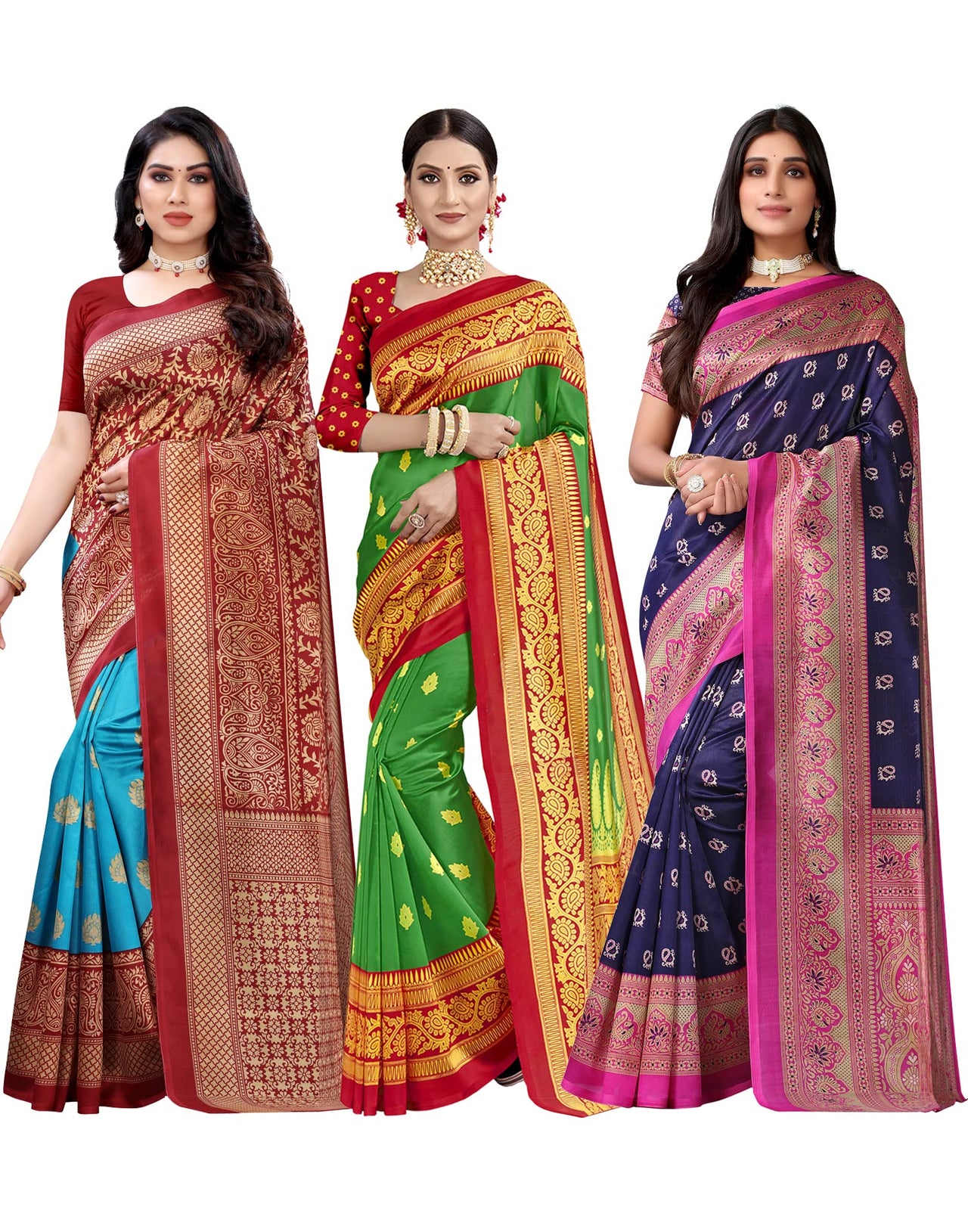 SIRIL Women's Poly Silk Saree Combo Pack Of 3 With Unstitched Blouse Piece