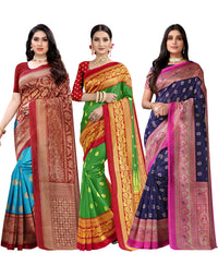 SIRIL Women's Poly Silk Saree Combo Pack Of 3 With Unstitched Blouse Piece