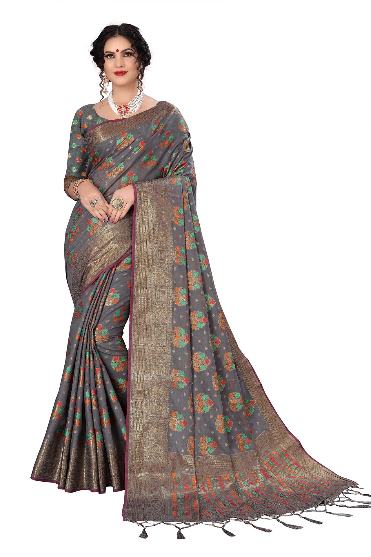 Divine International Trading Co Women's  Chanderi Saree With Blouse Piece