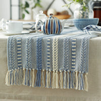 DII Farmhouse Braided Stripe Table Runner Collection, 15x108 (15x113, Fringe Included), Stonewash Blue 15x108