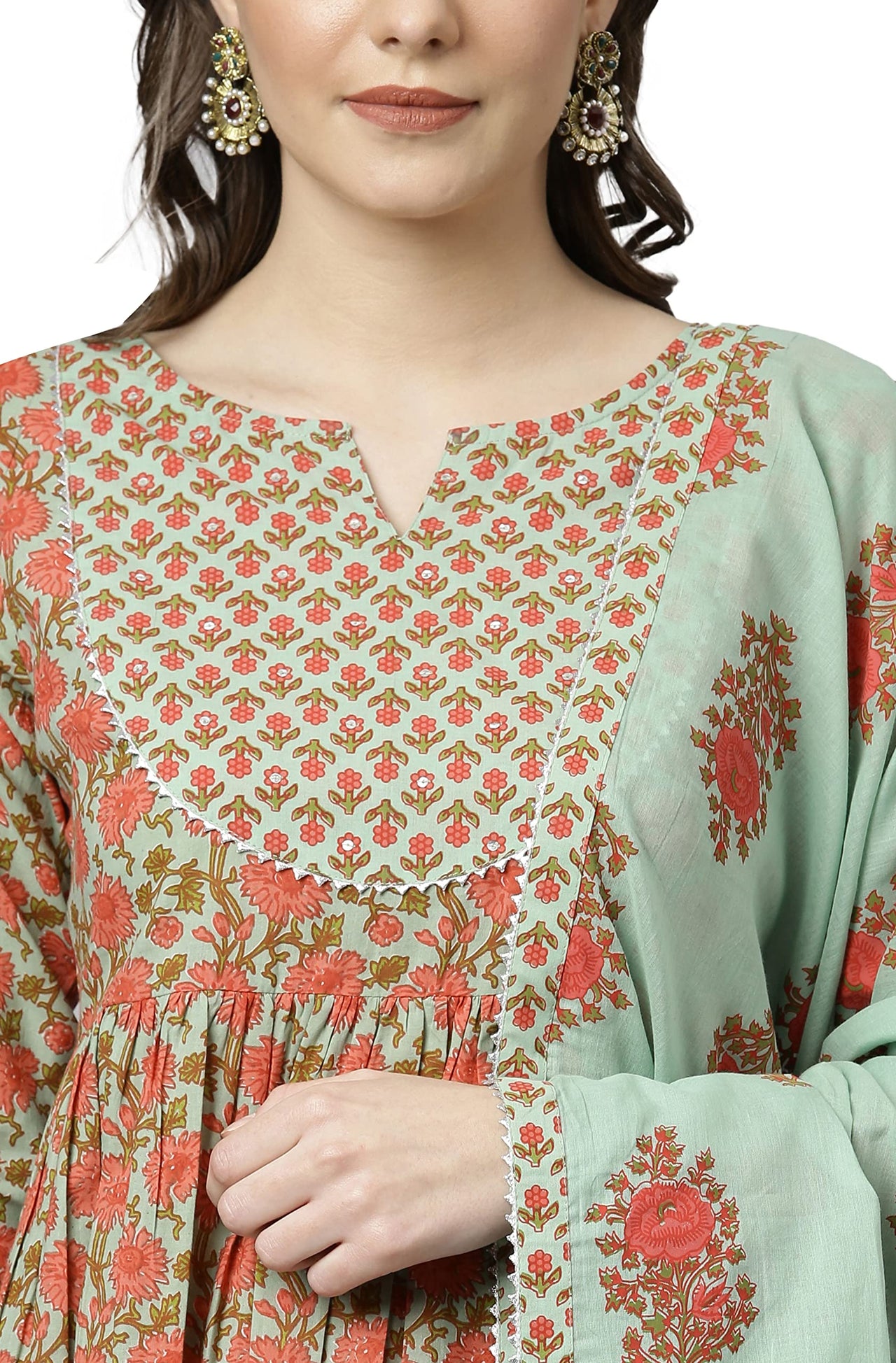 Janasya Women's  Light Green Cotton Kurta With Palazzo And Dupatta