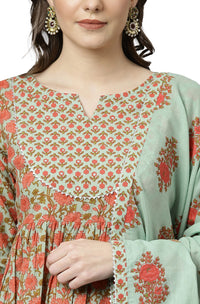 Janasya Women's  Light Green Cotton Kurta With Palazzo And Dupatta