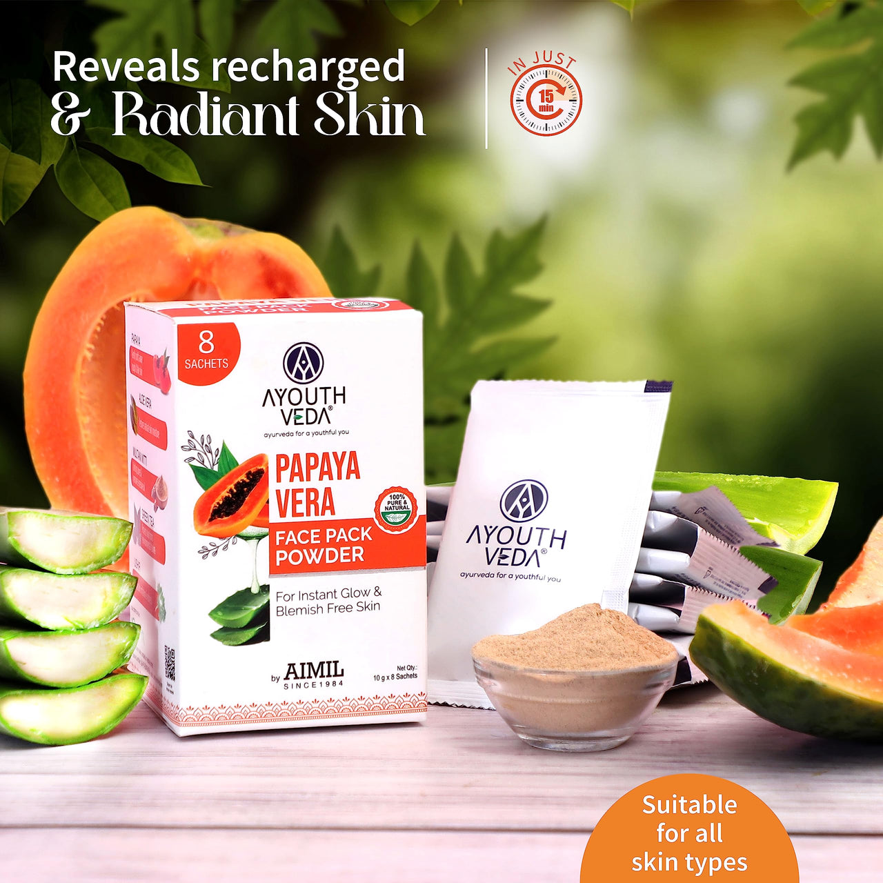 Ayouthveda Papaya and Aloe Vera Face Pack Powder for Glowing & Rejuvenating Skin | Removes Blemish & Wrinkle & Promotes Skin Health | Suitable for all skin Type (10g X 10 Sachets) (Pack of 3)