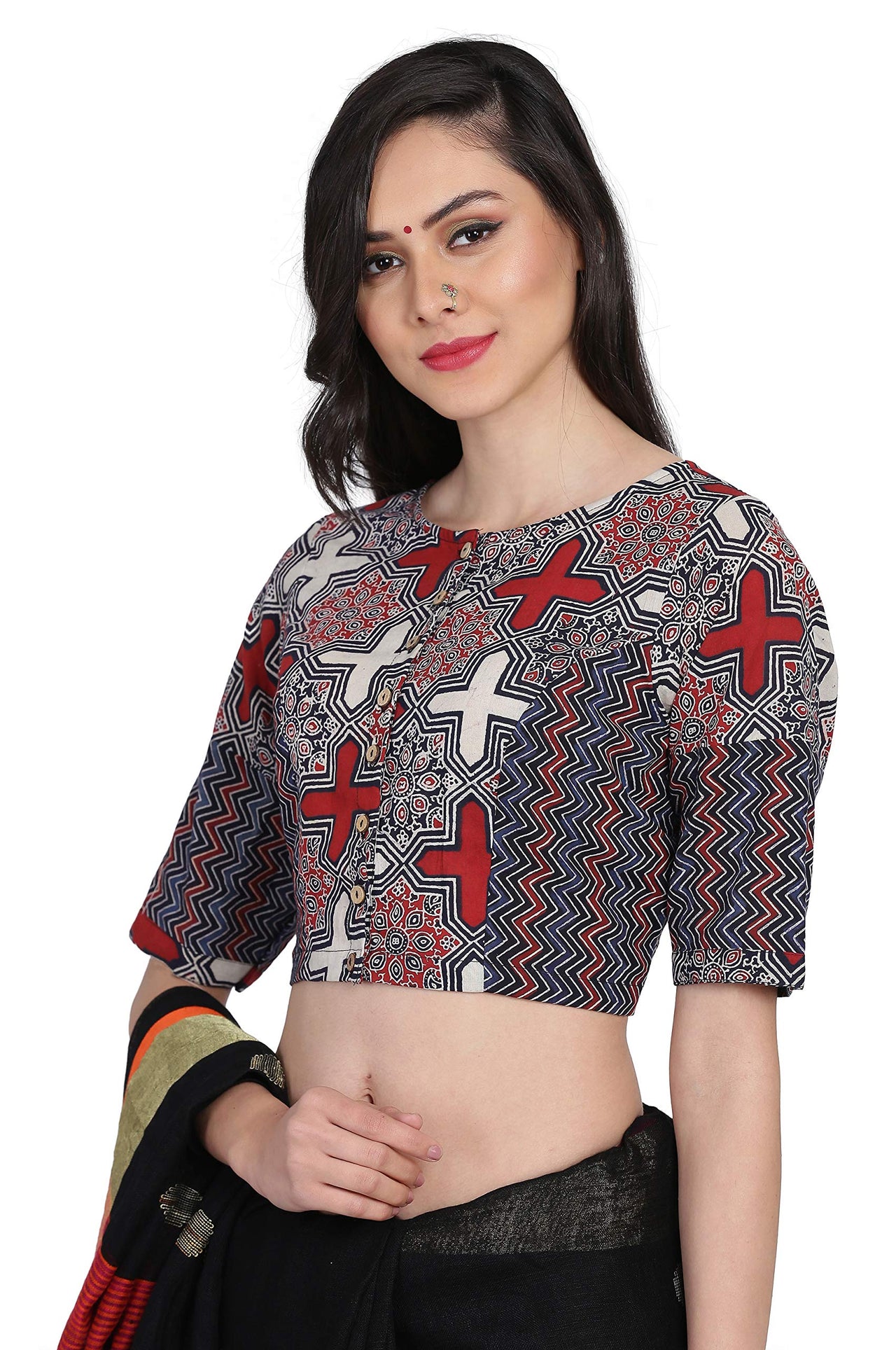 THE WEAVE TRAVELLER Handloom Readymade Ajrakh Cotton Blouse for Women and Girls