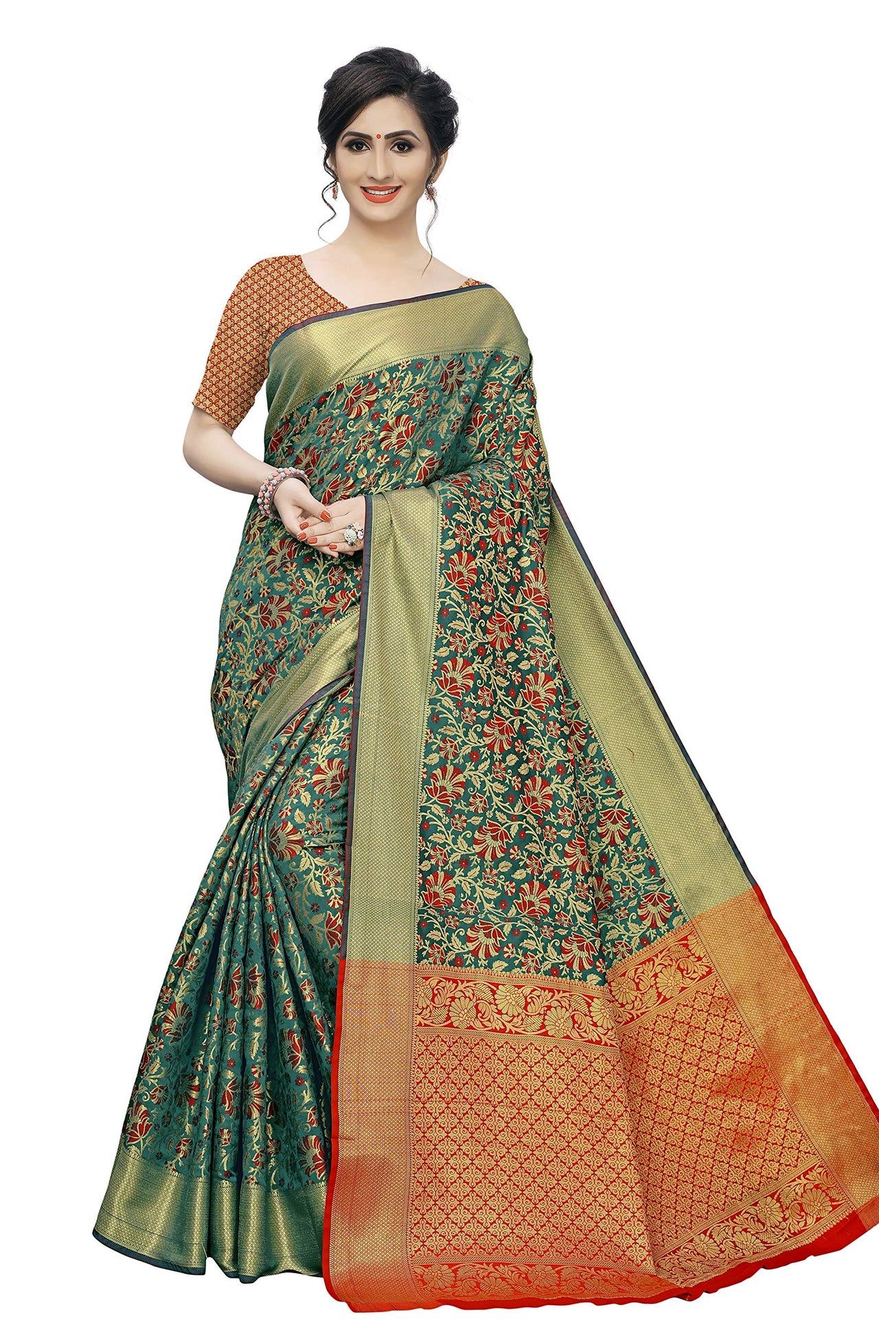 leeza store Heavy Women Kanjivaram Flower Jal Patola Saree With Blouse Piece