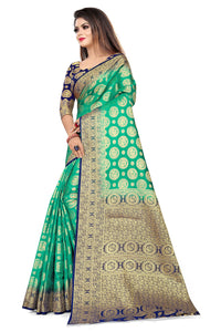 SATYAM WEAVES Women’s Daily/Party/Wedding/Casual Wear Rapier Jacquard Banarasi Cotton Silk Saree With Jacquard Designed Unstitched Blouse Piece