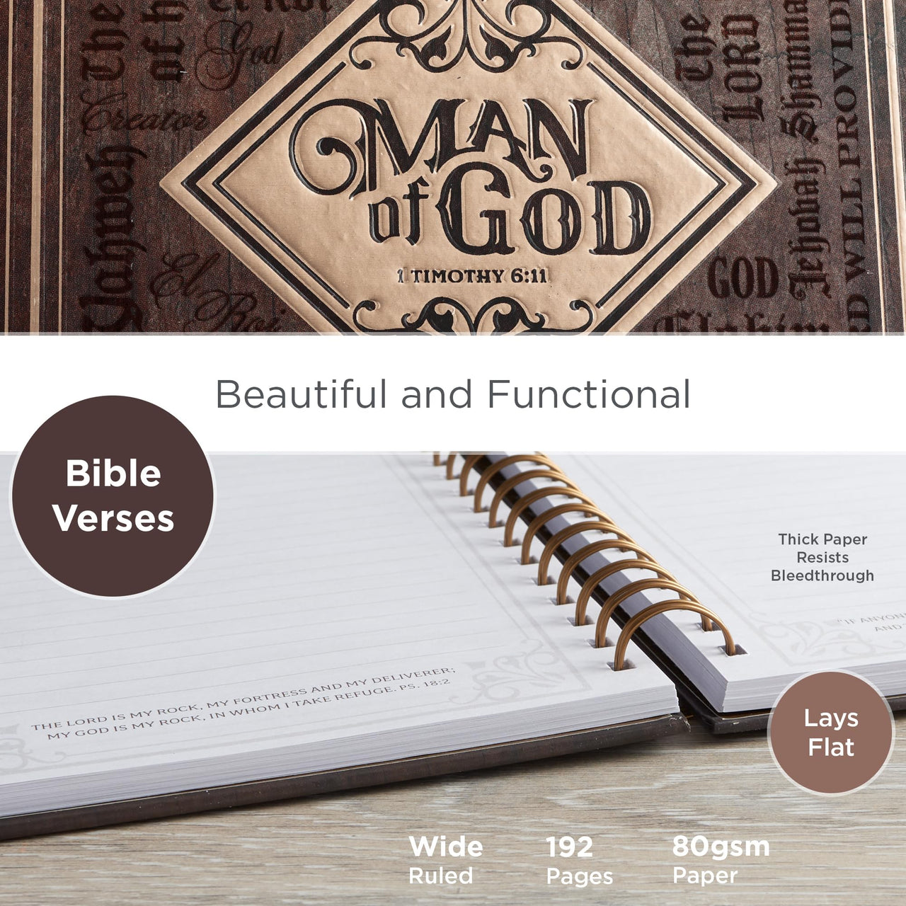Christian Art Gifts Journal w/Scripture Man of God 1 Timothy 6:11 Bible Verse Names of God Brown 192 Ruled Pages, Large Hardcover Notebook, Wire Bound
