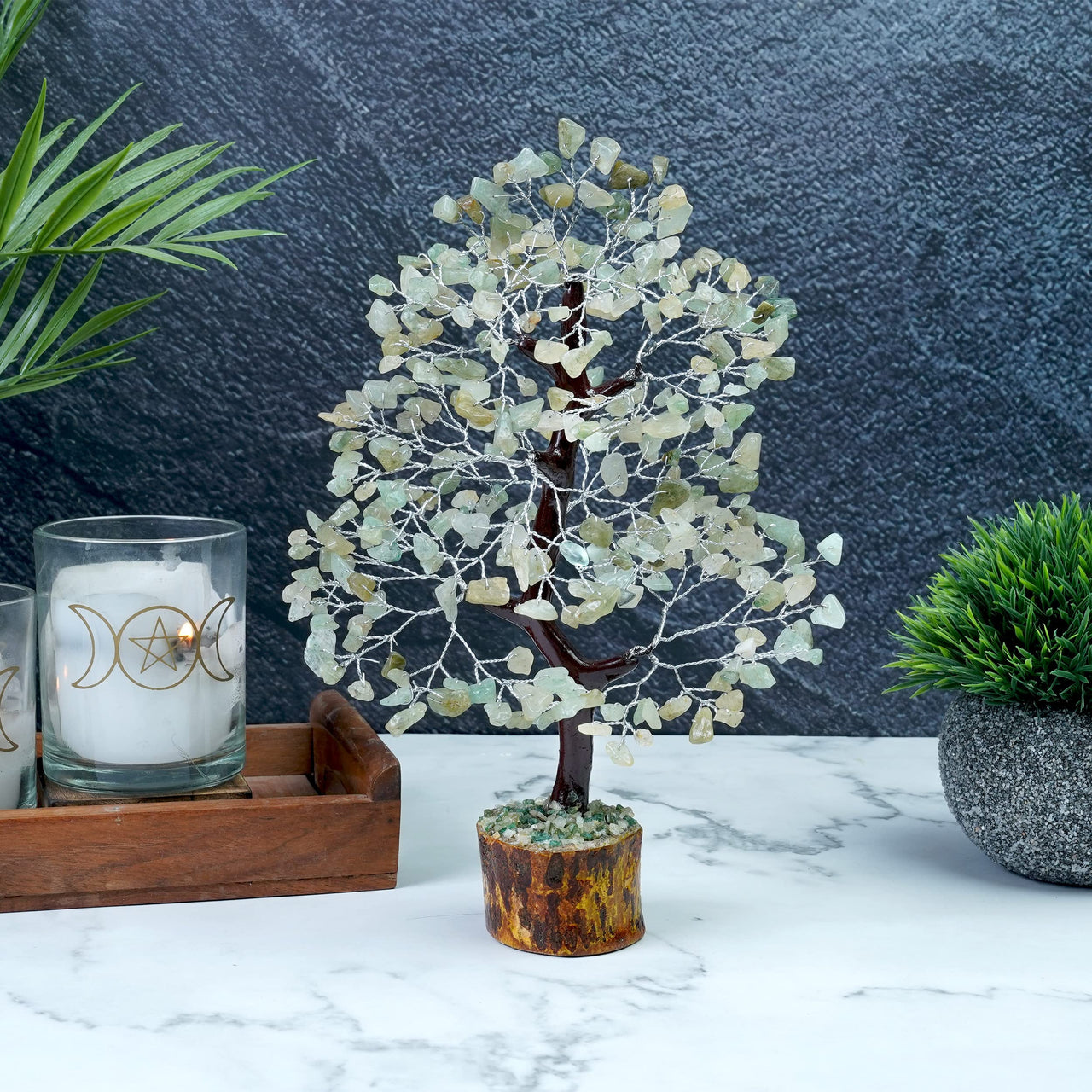 Green Jade Crystal Tree of Life - Chakra Tree for Positive Energy, Gemstone Tree, Feng Shui Tree Decor - Money Tree Bonsai - Healing Crystal Tree - Meditation Accessories, Spiritual Gift - Gem Tree Green Jade (Silver Wire)