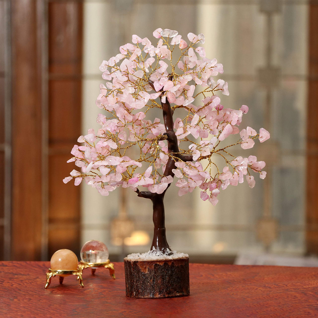 Rose Quartz Gemstone Tree - Crystal Tree for Positive Energy, Handmade Chakra Tree, Feng Shui Figurine - Money Bonsai, Good Luck Reiki Healing Crystals, Decoration Ornament Sculpture Prosperity Gift Rose Quartz (Golden Wire)