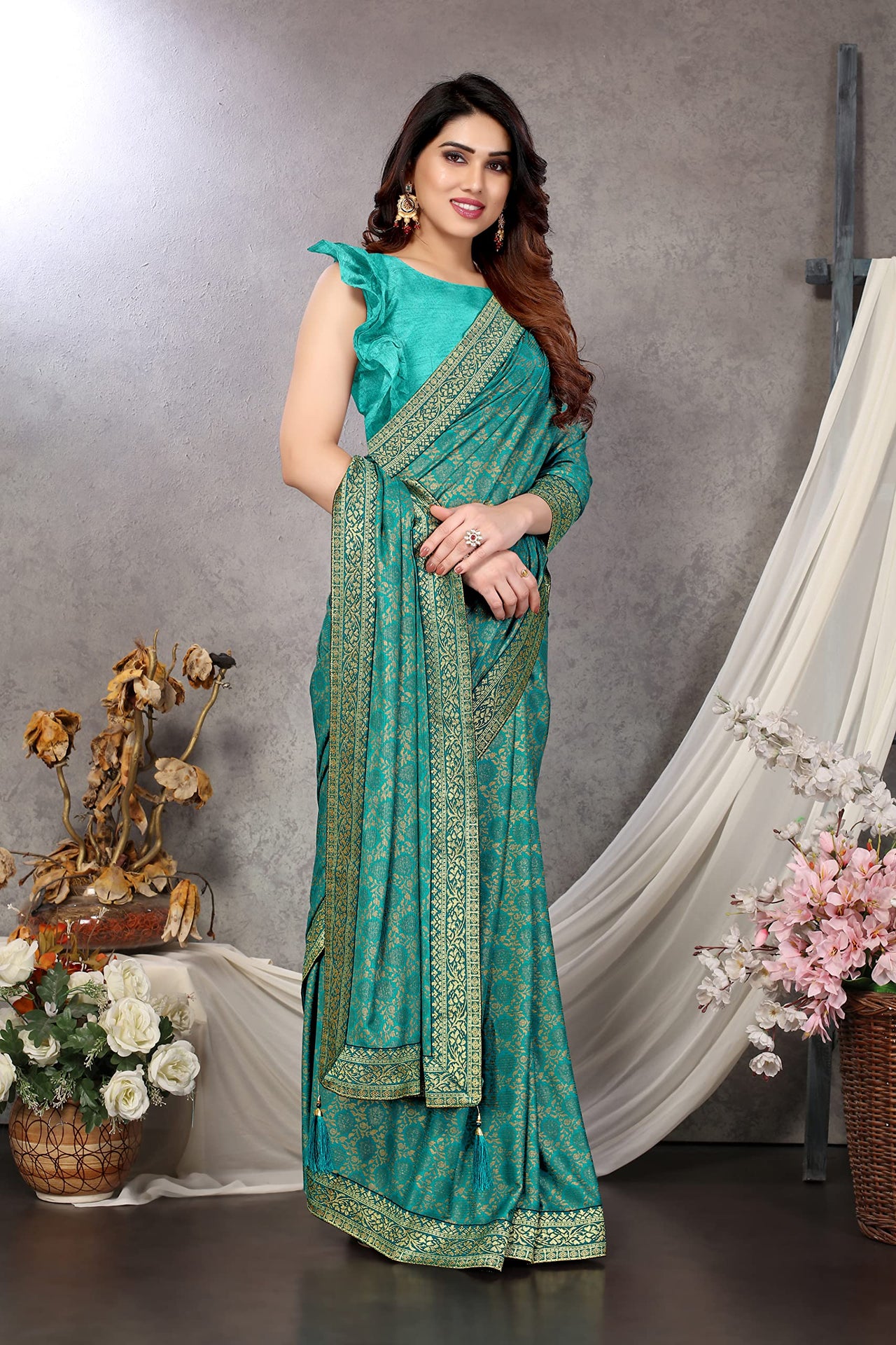 MIRCHI FASHION Women's  Stylish Lycra Foil Printed Design with Zari Woven Lace Work Saree with Blouse Piece