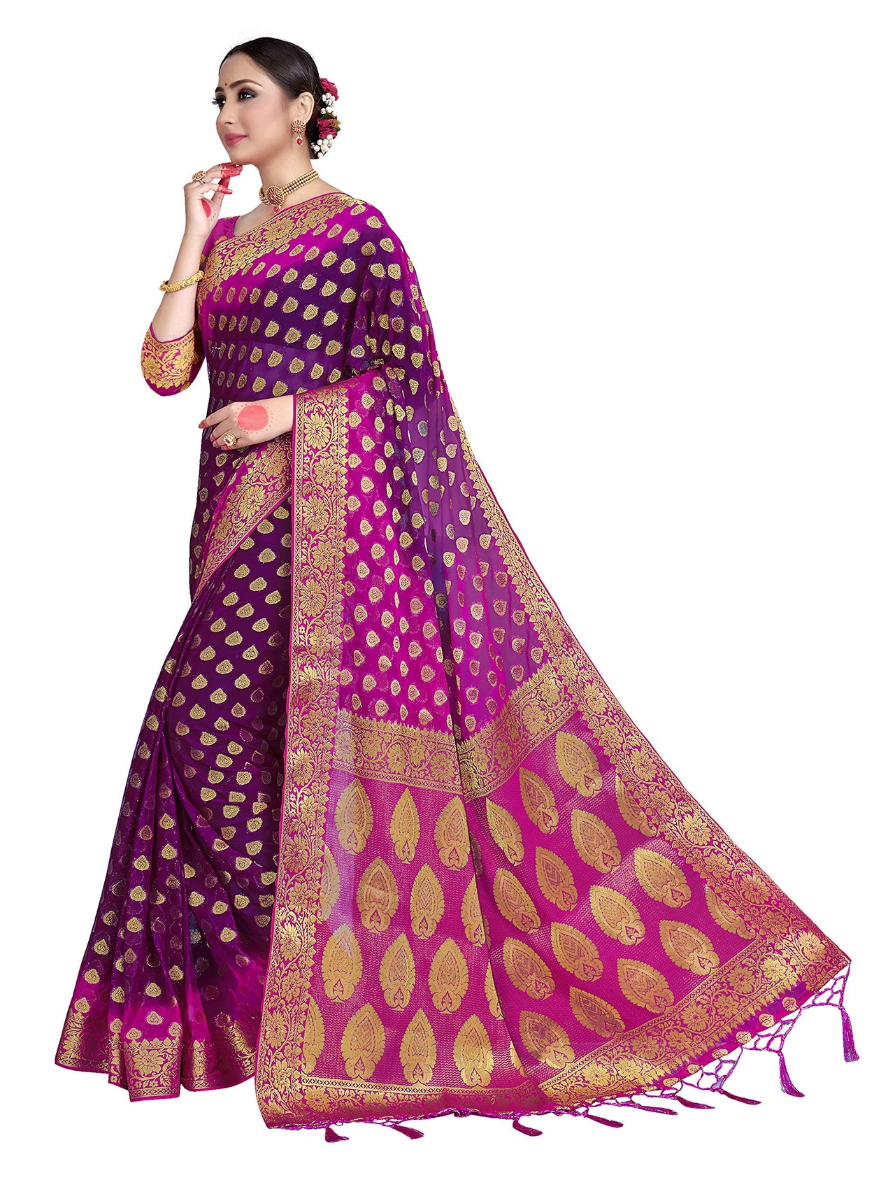 Vardha Women's  Chiffon Silk Saree with Unstitched Blouse Piece - Zari Woven Work Sarees for Wedding