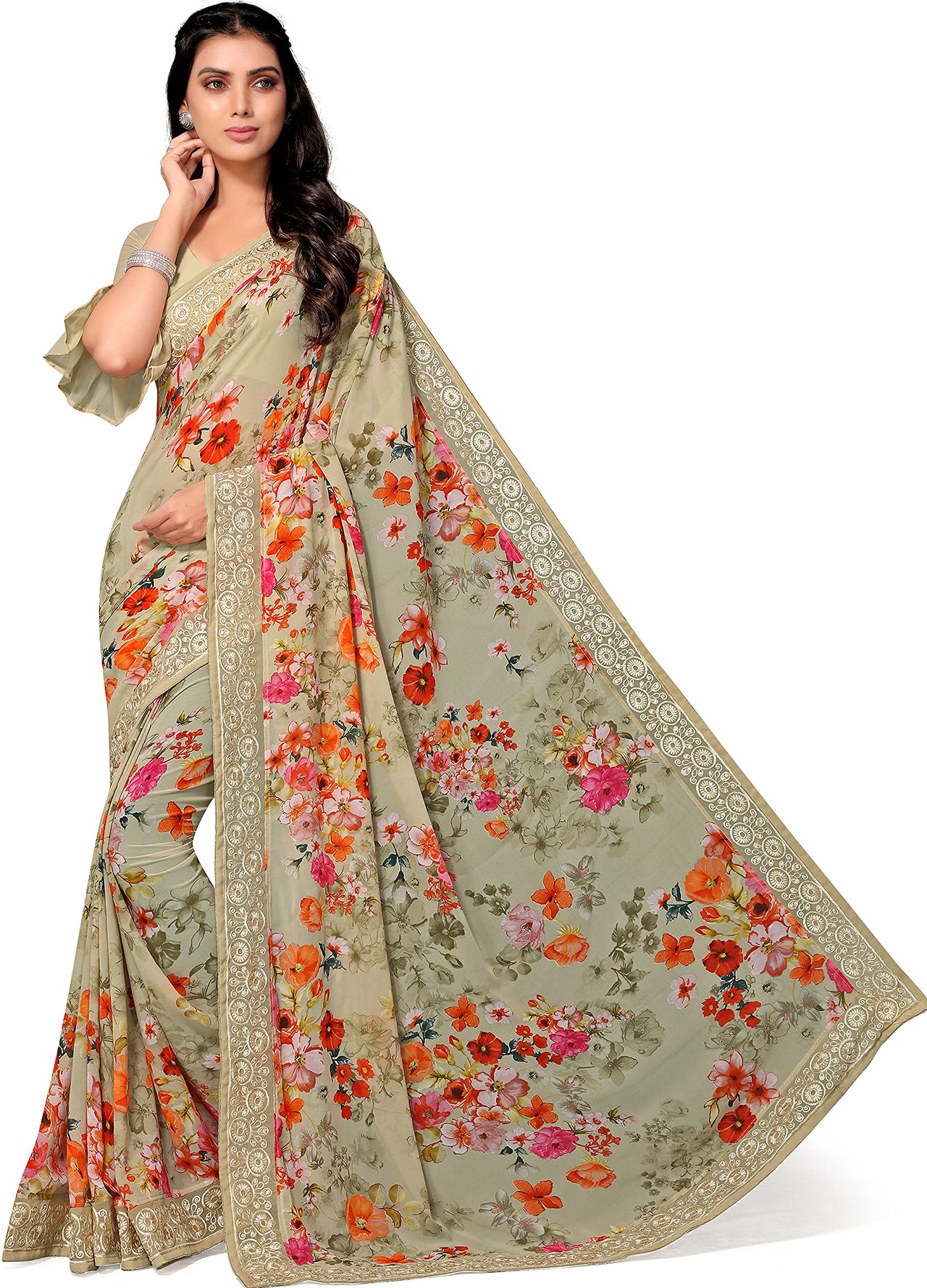 Shangrila Designer Digital Pastel Prints Weightless Georgette Saree With Blouse Piece