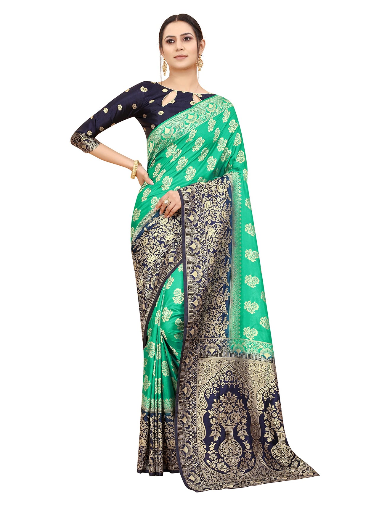 SATYAM WEAVES Women's  Banarasi Cotton Silk Saree With Blouse Piece