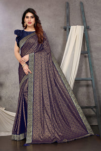 MIRCHI FASHION Women's  Stylish Lycra Foil Printed Design with Zari Woven Lace Work Saree with Blouse Piece