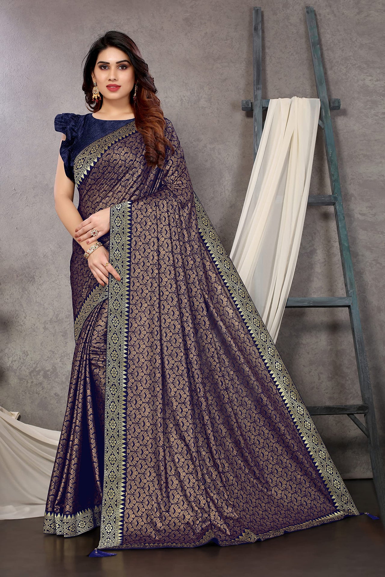 MIRCHI FASHION Women's  Stylish Lycra Foil Printed Design with Zari Woven Lace Work Saree with Blouse Piece