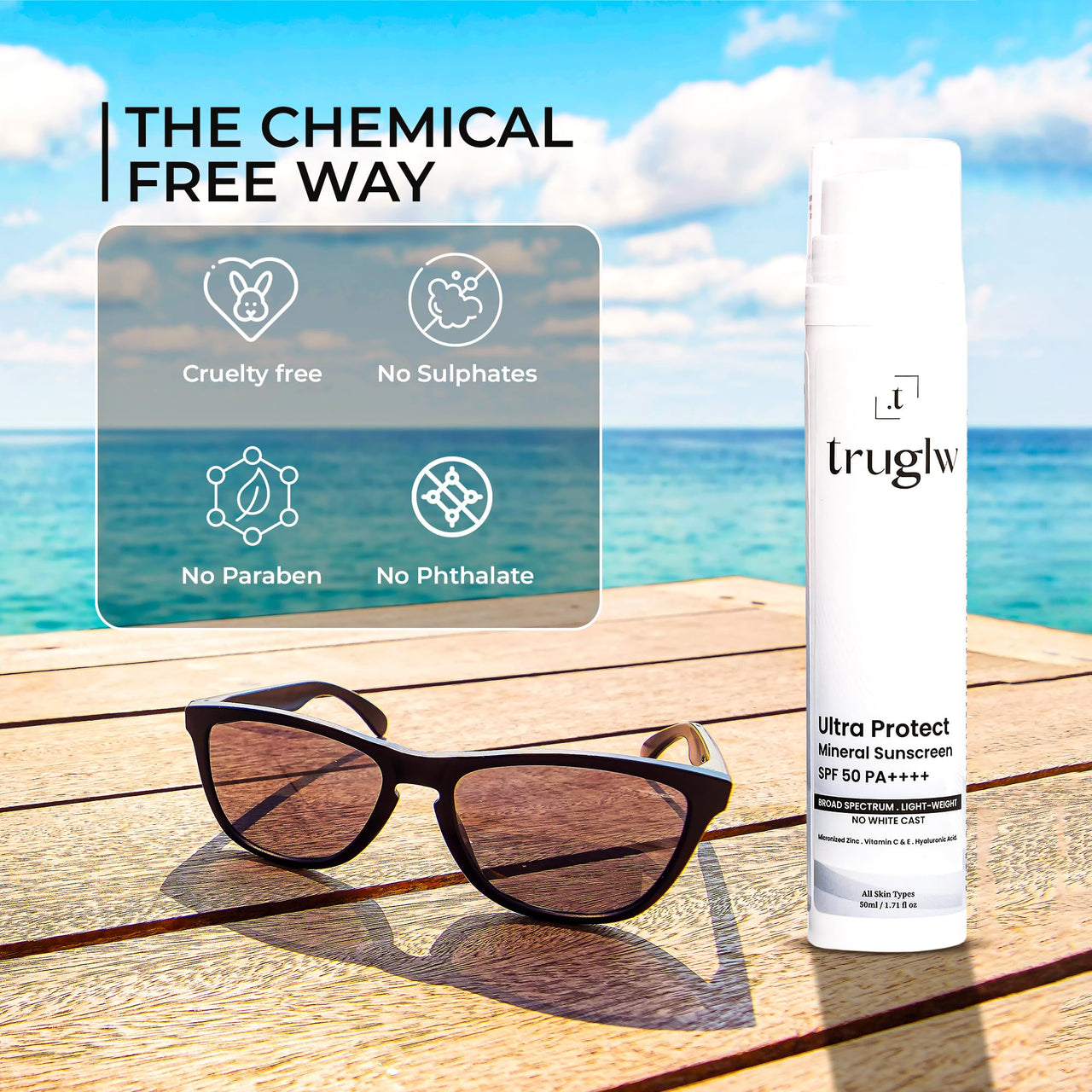 Truglw Ultra Protect Mineral Sunscreen SPF 50 PA++++ | Derma & In Vitro Tested | Broad Spectrum | No White Cast, Non-Greasy | Zinc, Vitamin C & E, Hyaluronic Acid | 50ml