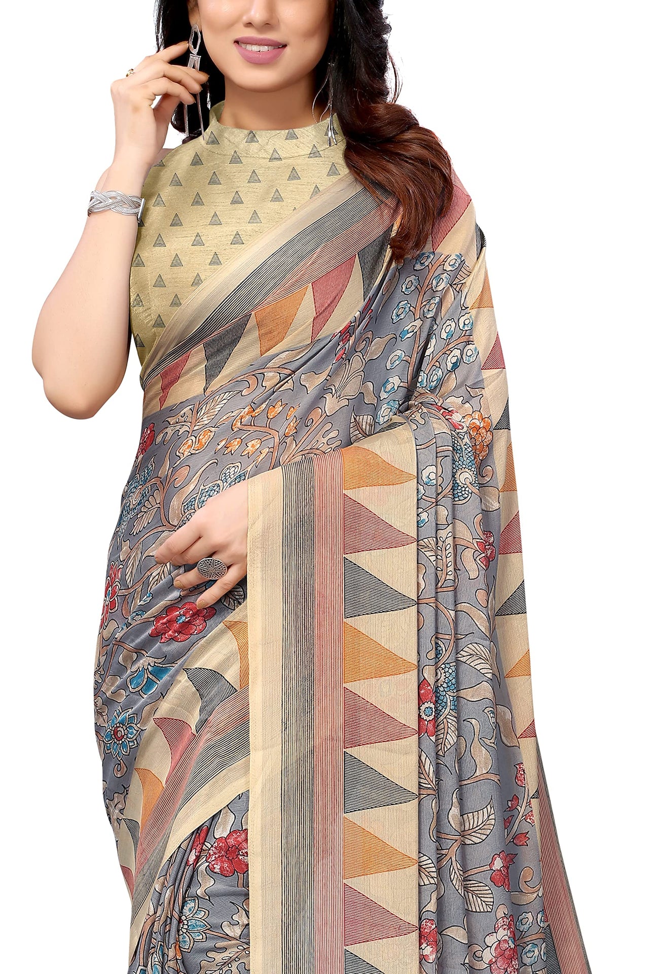 MIRCHI FASHION Women's  Stylish Chiffon Floral and Geometric Printed Saree with Blouse Piece