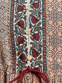 rangita Women Rayon Peach Printed Calf Length Anarkali Tiered Kurti with Contrats Printed Placket