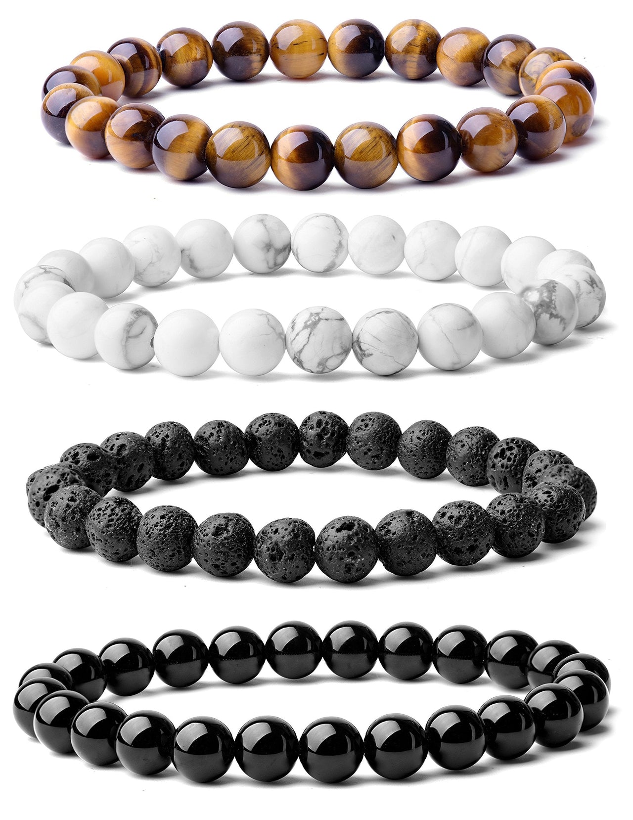WRCXSTONE Natural 8mm Gorgeous Semi-Precious Gemstones Healing Crystal Stretch Beaded Bracelet Unisex Black, White, Brown