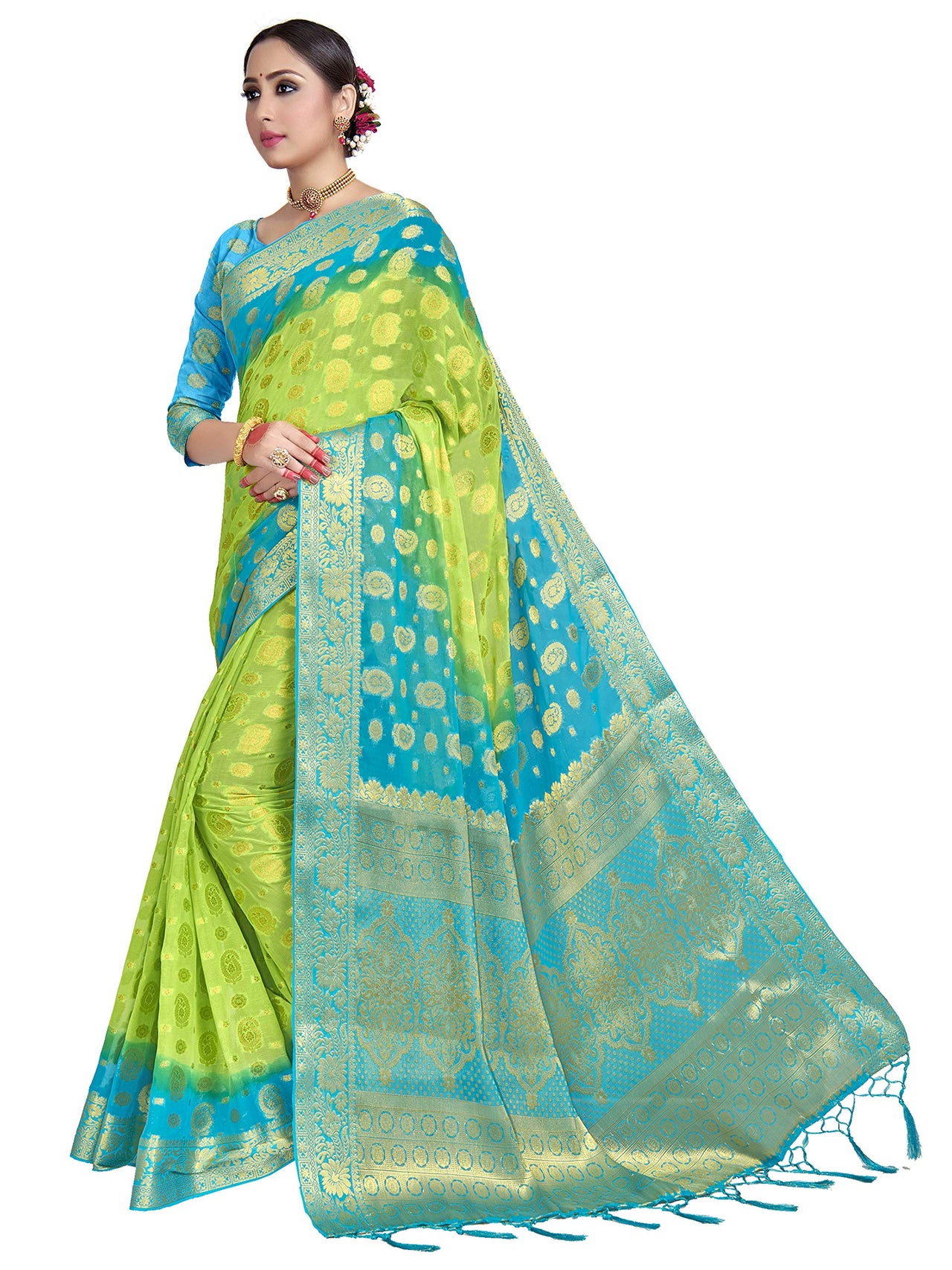 Vardha Women's  Chiffon Silk Saree with Unstitched Blouse Piece - Zari Woven Work Sarees for Wedding