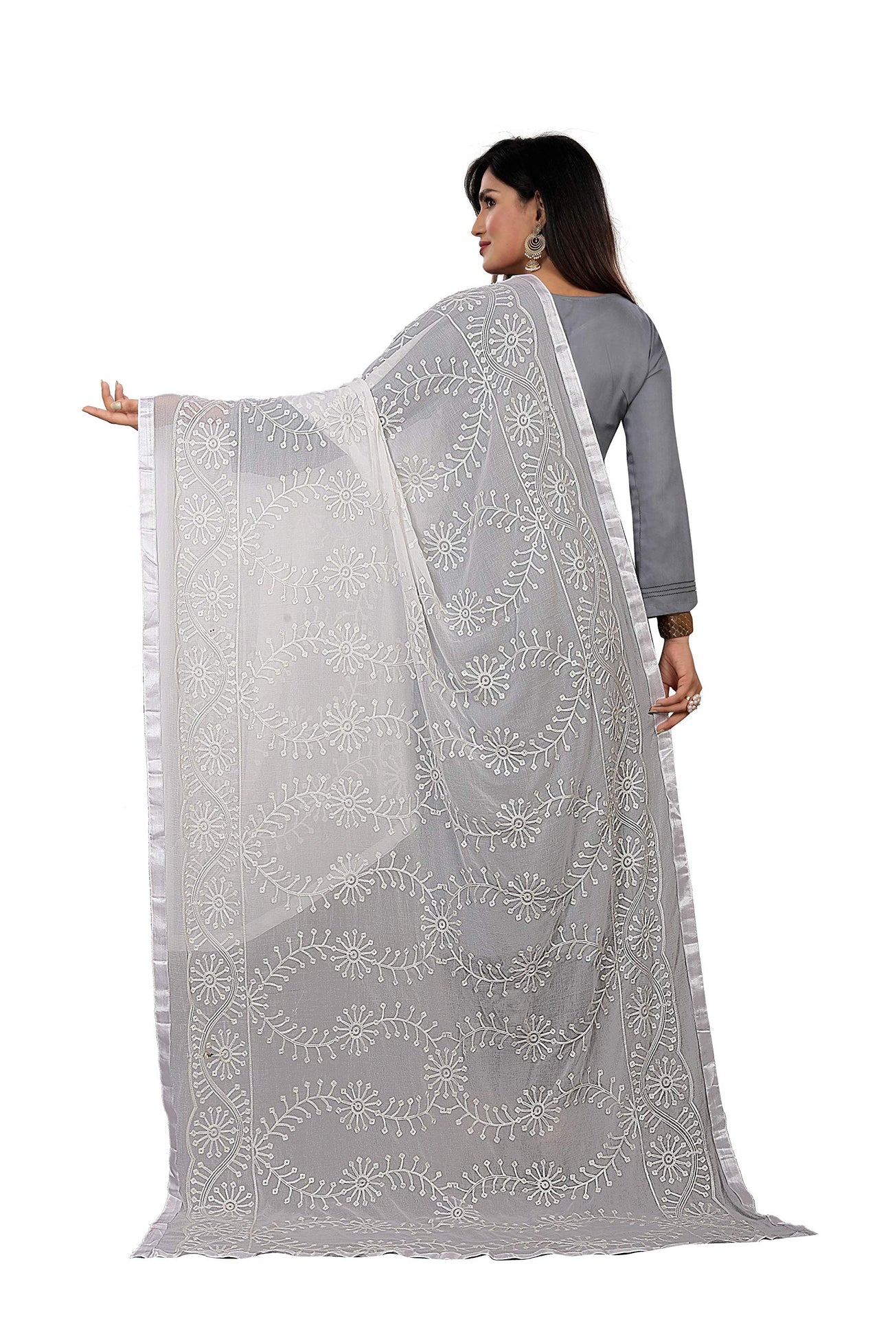 AKSHAR LLC Women's  Designer Pure Chiffon Dupatta with Pure Cotton Thread Embroidery Work