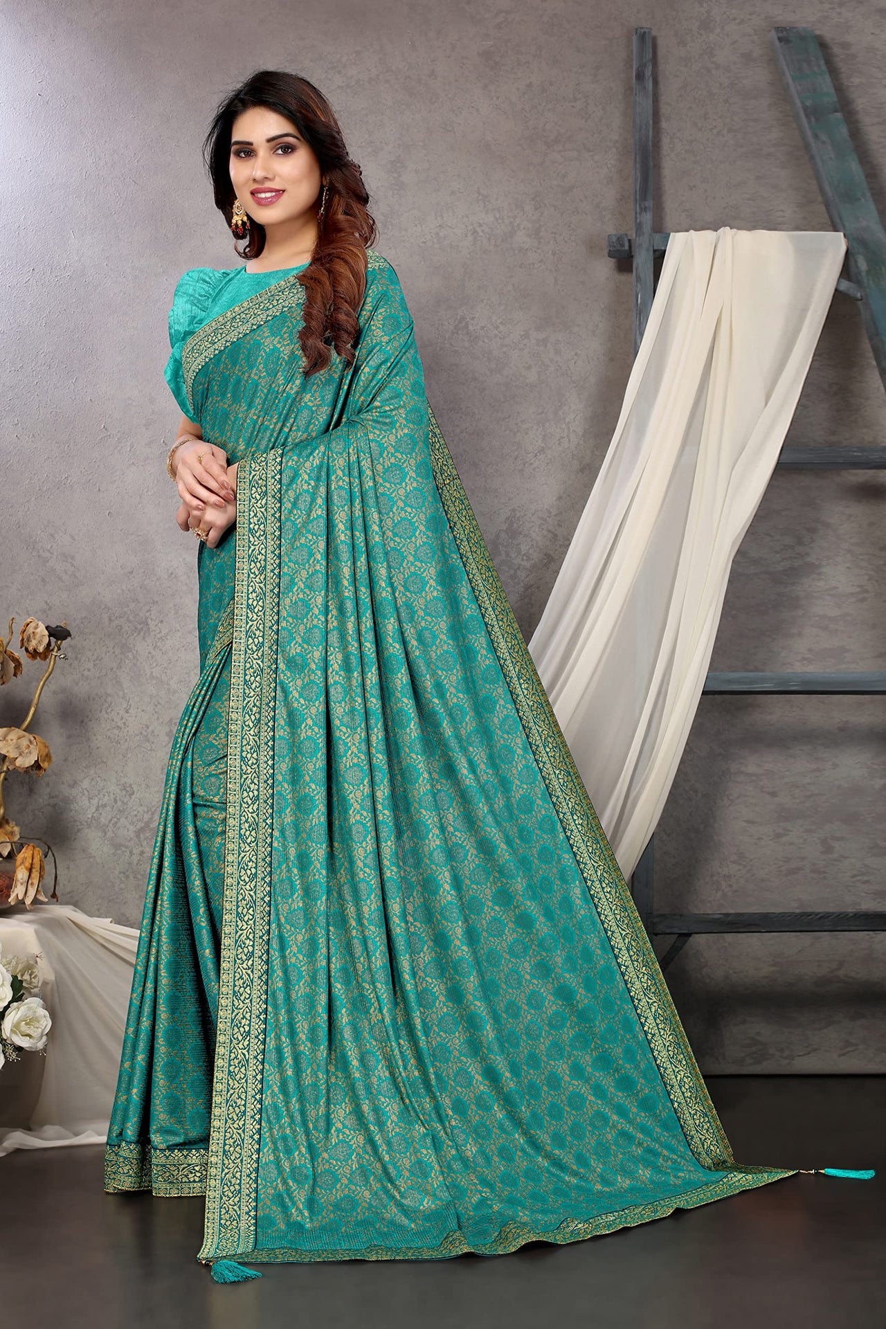 MIRCHI FASHION Women's  Stylish Lycra Foil Printed Design with Zari Woven Lace Work Saree with Blouse Piece