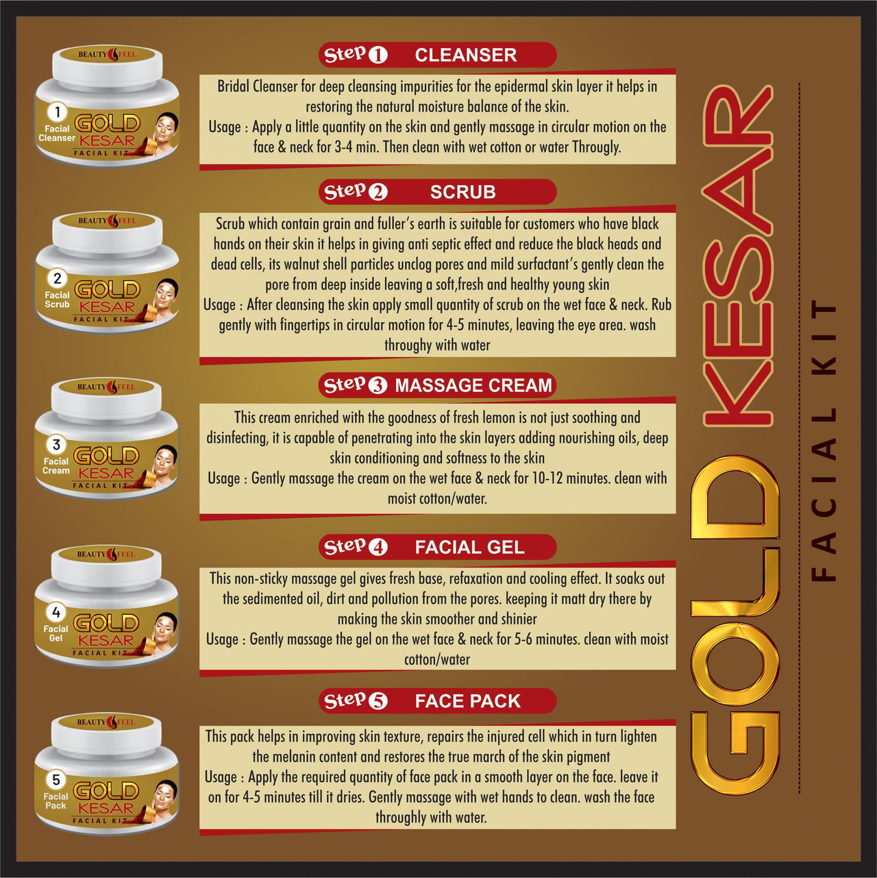 Beauty Feel Professional Gold Kesar Facial Kit For Facial, Cleanser + Scrub + Massage Cream + Facial Gel + Face Pack [Set of 5] 180 gm