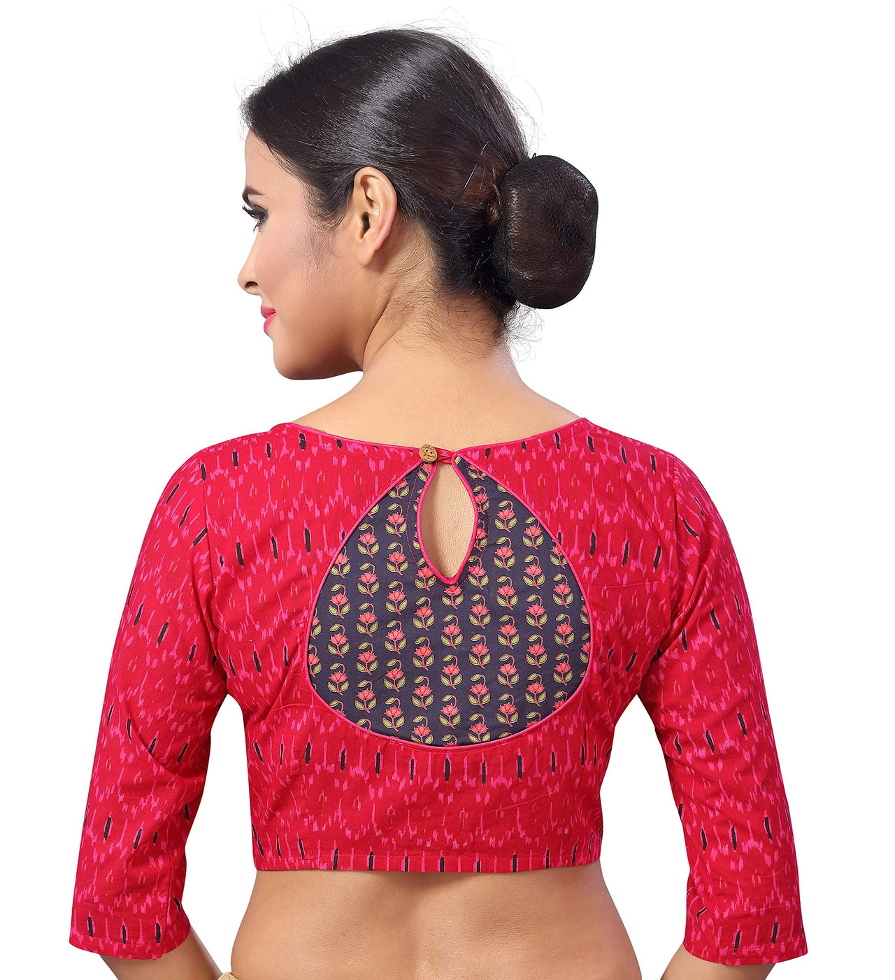 X3 Ikat Printed Pure Cotton Saree Blouse With Elbow Length Sleeves Back.