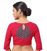 X3 Ikat Printed Pure Cotton Saree Blouse With Elbow Length Sleeves Back.