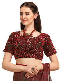 Amrutam Fab Women's  Embellished Net Pink Saree with unstitched Sequences velvet Blouse Piece