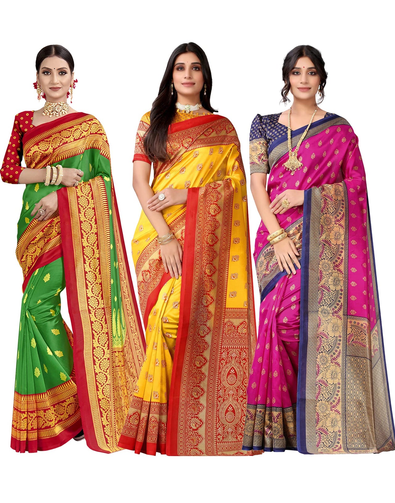 SIRIL Women's Poly Silk Saree Combo Pack Of 3 With Unstitched Blouse Piece
