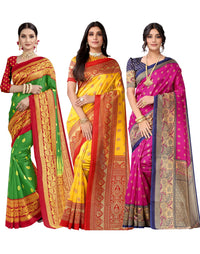 SIRIL Women's Poly Silk Saree Combo Pack Of 3 With Unstitched Blouse Piece