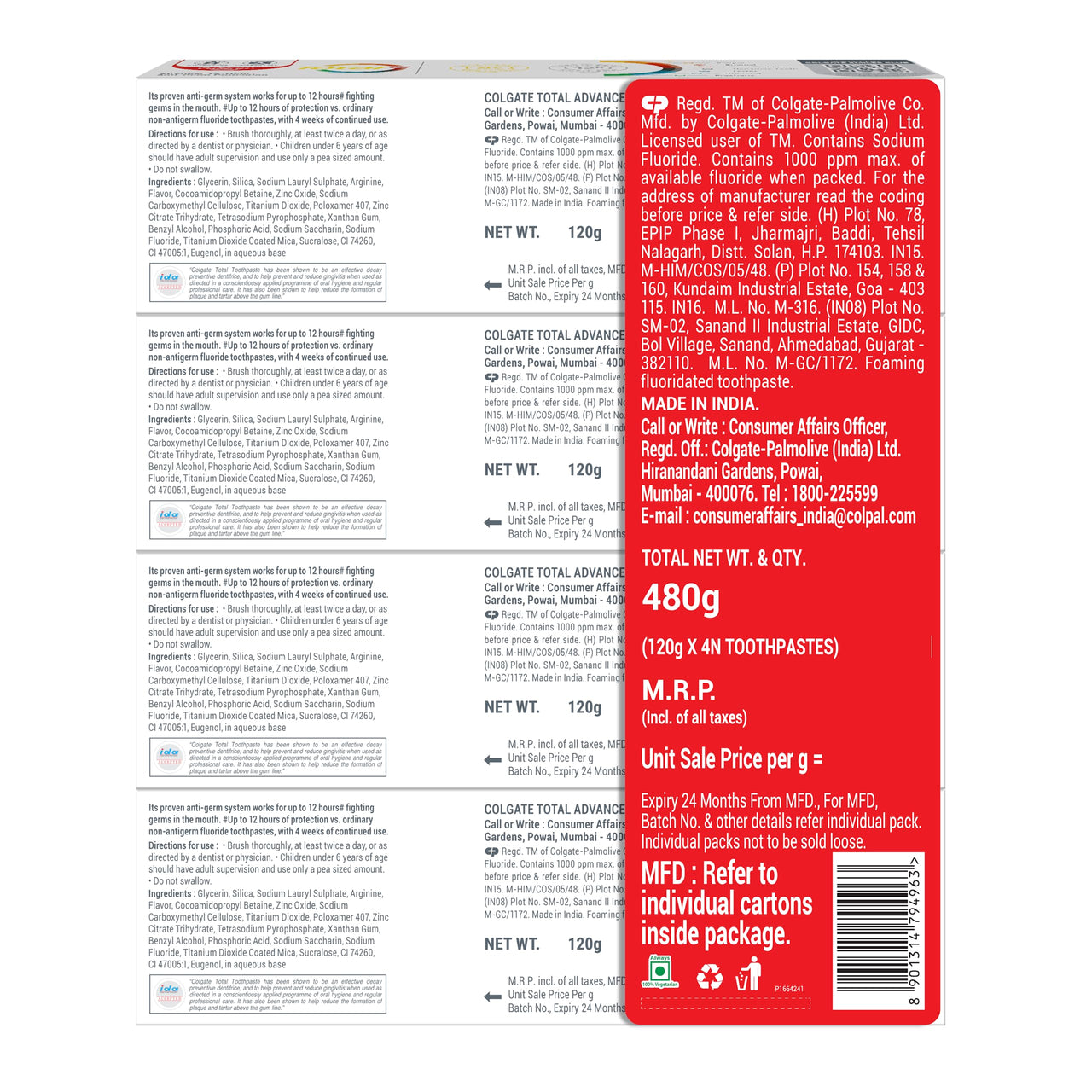 Colgate Total Advanced Health Anti-germ Toothpaste, 480g, Tooth Paste with 12-Hour Anti-Germ Protection, Whole Mouth Health (Combo Pack Offer)