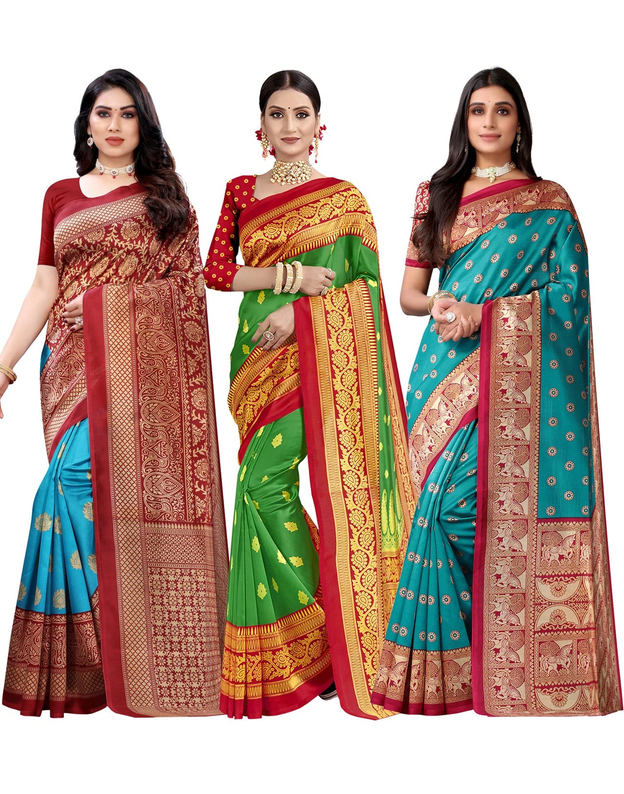 SIRIL Women's Poly Silk Saree Combo Pack Of 3 With Unstitched Blouse Piece