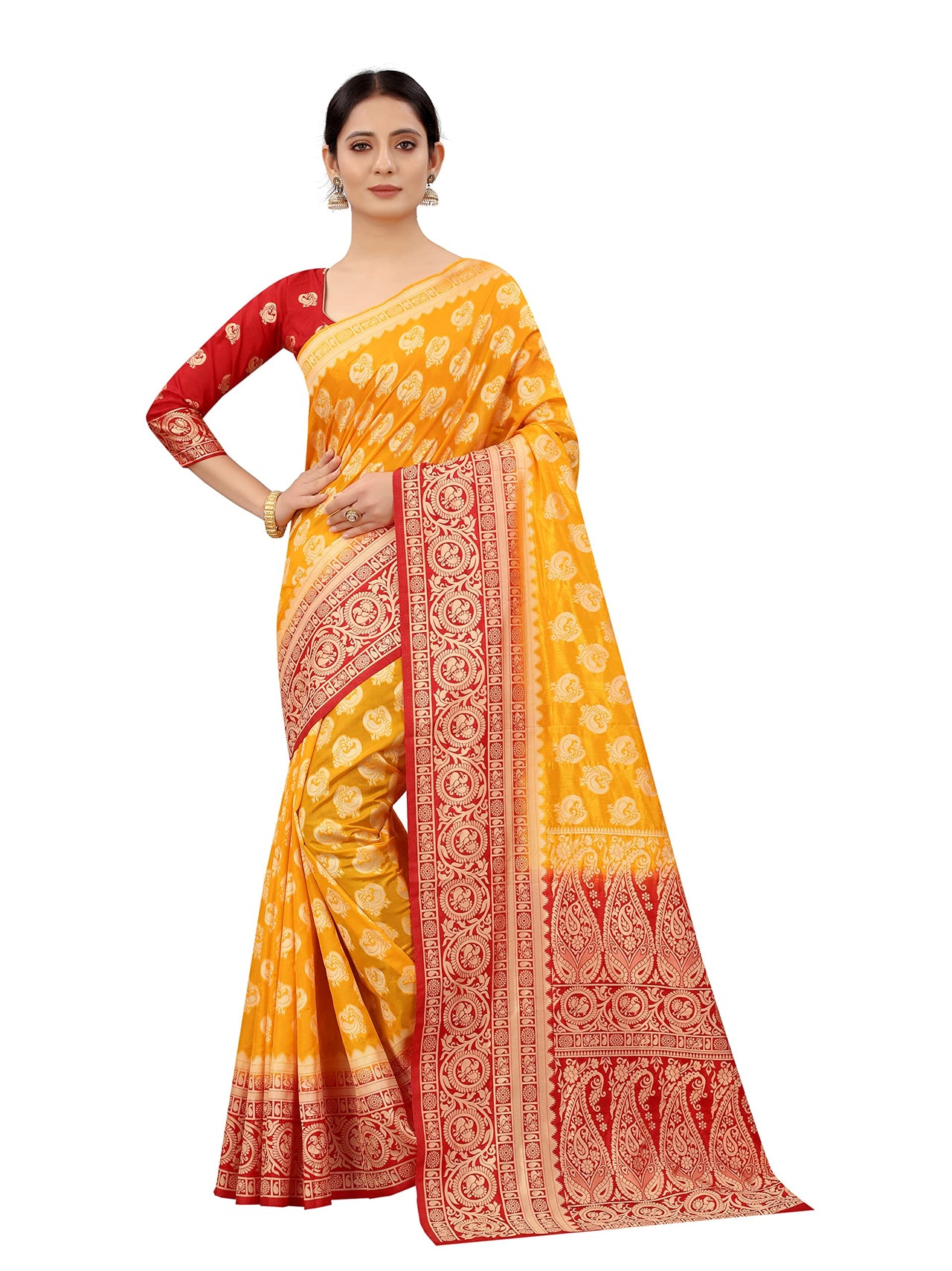 SATYAM WEAVES Women’s Daily/Party/Wedding/Casual Wear Rapier Jacquard Banarasi Cotton Silk Saree With Jacquard Designed Unstitched Blouse Piece