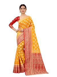 SATYAM WEAVES Women’s Daily/Party/Wedding/Casual Wear Rapier Jacquard Banarasi Cotton Silk Saree With Jacquard Designed Unstitched Blouse Piece