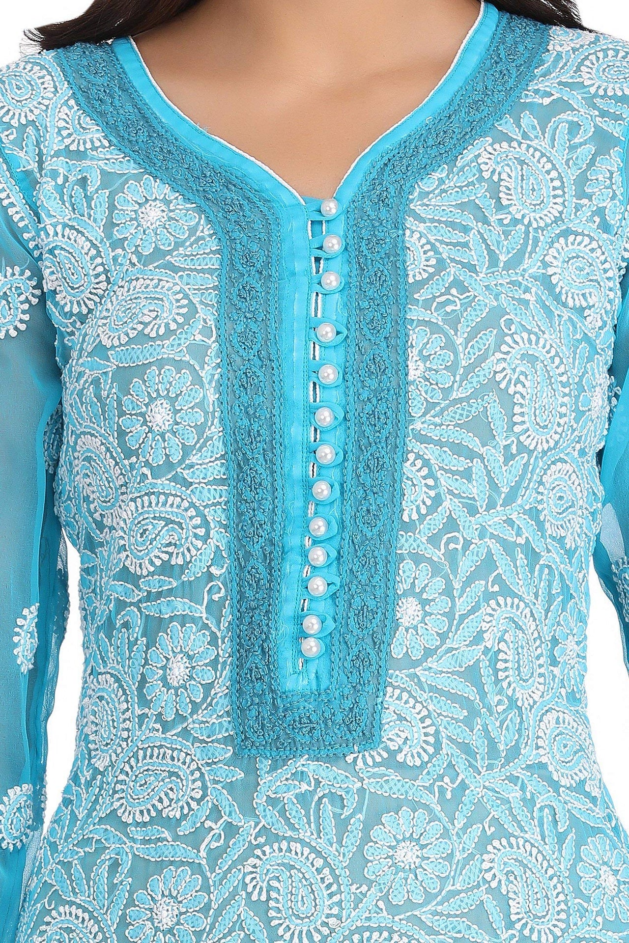 Ada Women's  Hand Embroidered Faux Georgette Lucknowi Chikankari Kurti with Slip