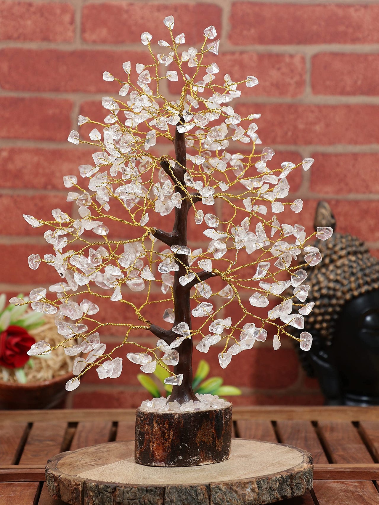 Clear Quartz Crystal Tree of Life - Chakra Tree for Positive Energy, Feng Shui Decor - Gemstone Money Bonsai Tree, Good Luck Healing Crystals - Meditation Stones, Spiritual Unique Gift 10-12" Clear Quartz (Golden Wire)