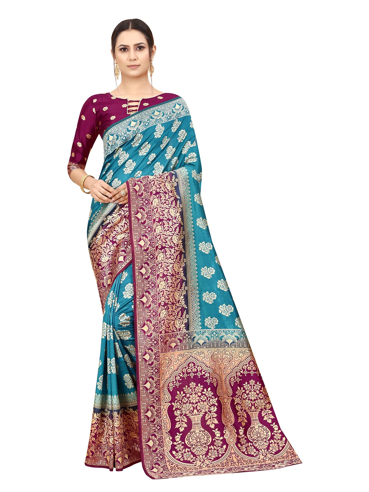 SATYAM WEAVES Women's  Banarasi Cotton Silk Saree With Blouse Piece
