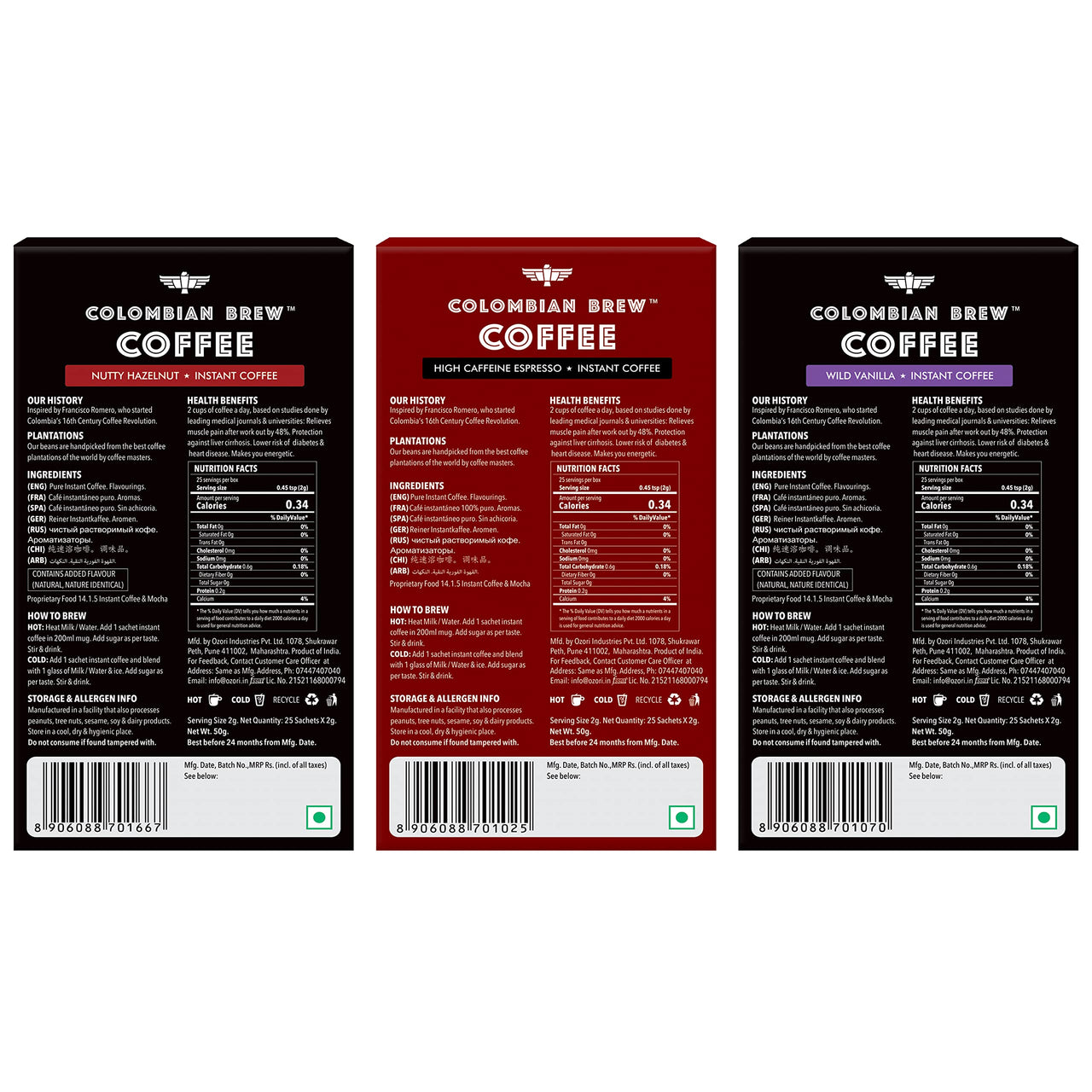 Colombian Brew Coffee Powder High Caffeine Espresso Instant 50g, Vanilla Instant 50g, Hazelnut Instant 50g, Buy 2 Get 1 Free