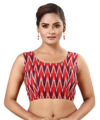 Madhu Fashion Women's  Cotton Ikat Print Sleeveless Readymade Blouse