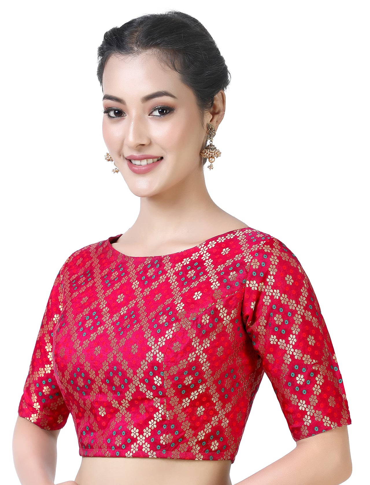 X3 Women's  Brocade Zari Weaving Elbow Length Sleeves Saree Blouse