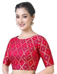 X3 Women's  Brocade Zari Weaving Elbow Length Sleeves Saree Blouse