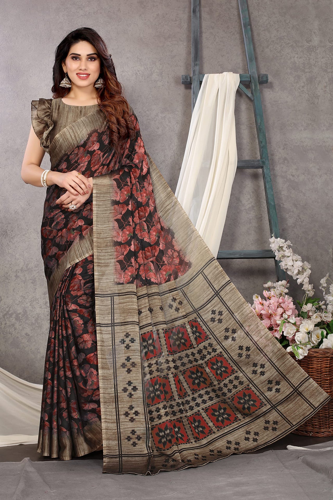 MIRCHI FASHION Women's  Designer Chiffon Floral Prints Saree with Blouse Piece